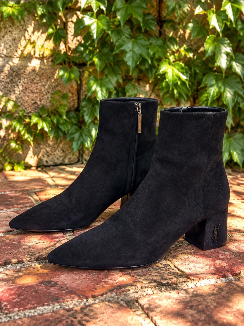 SAINT LAURENT Black Suede Quiet Luxury Minimalist Side Zip Ankle Boots, 37